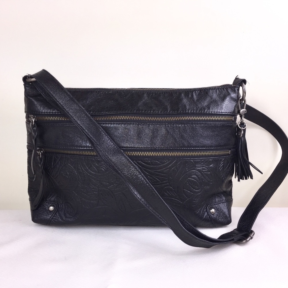 The Sak Black Leather Lanie 3-Zip Crossbody Bag